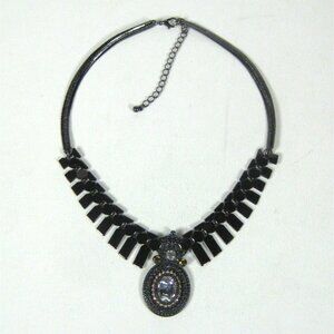 Black Gunmetal Statement Necklace Clear Crystal Pendant Herringbone Chain Choker